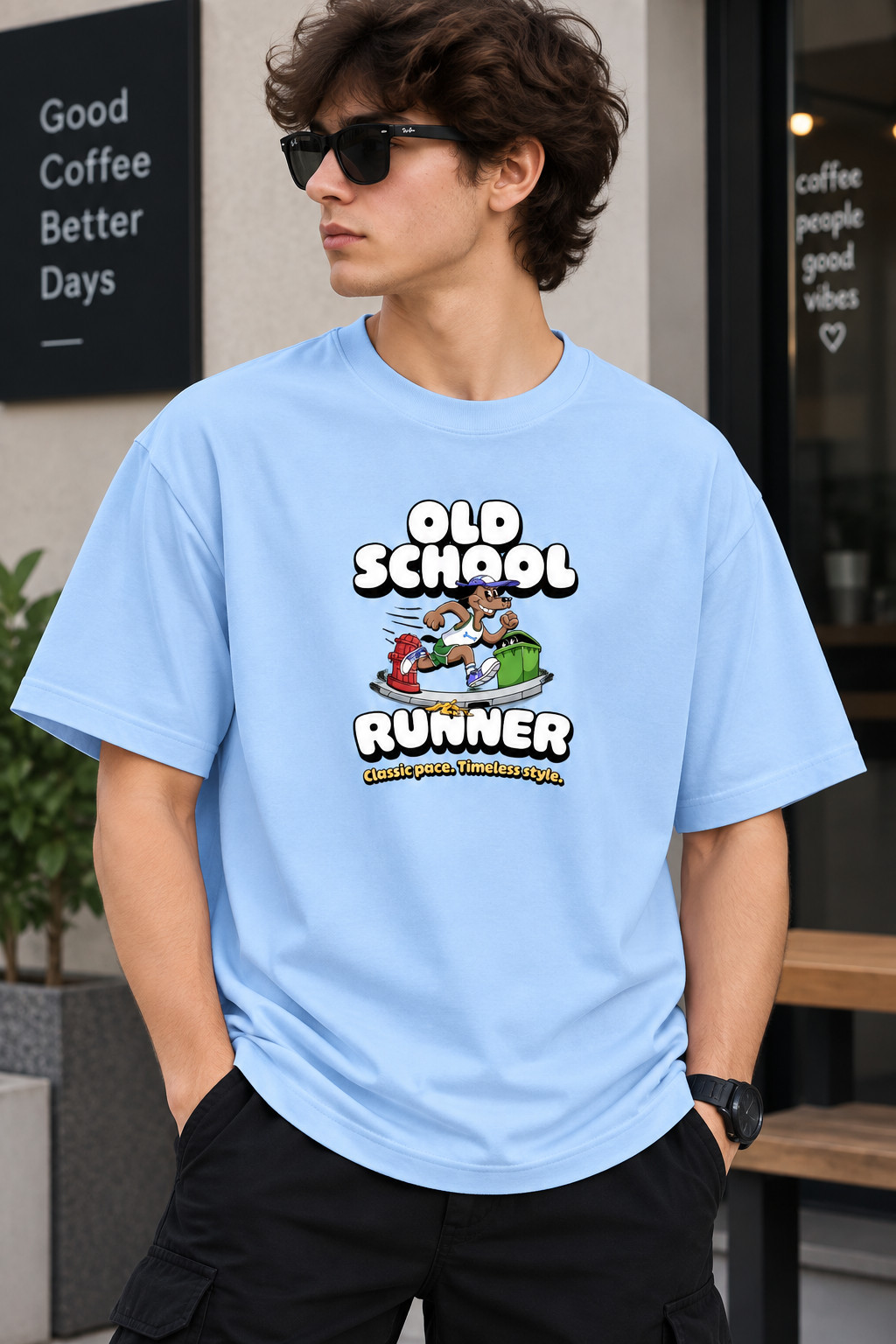 Light Blue Regular Fit T-Shirt for Men – Old School Runner Graphic Printed Tee