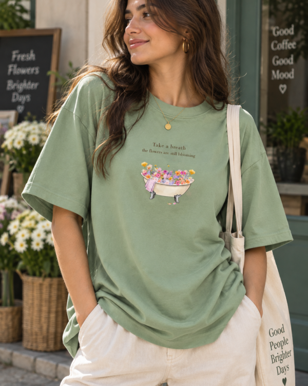 Sage Green Oversized T-Shirt for Women – Floral Graphic Printed Casual Tee