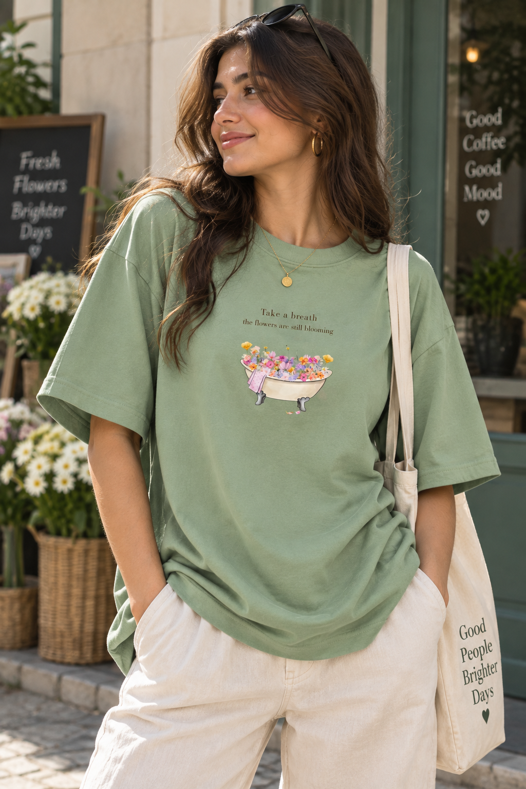 Sage Green Oversized T-Shirt for Women – Floral Graphic Printed Casual Tee