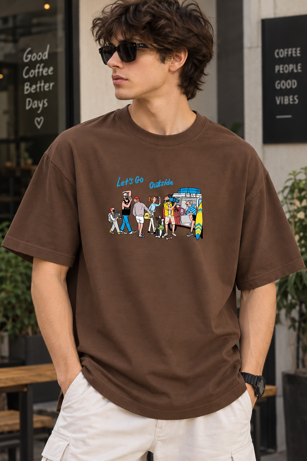 Chocolate Brown Oversized T-Shirt for Men – Travel Graphic Printed Casual Tee