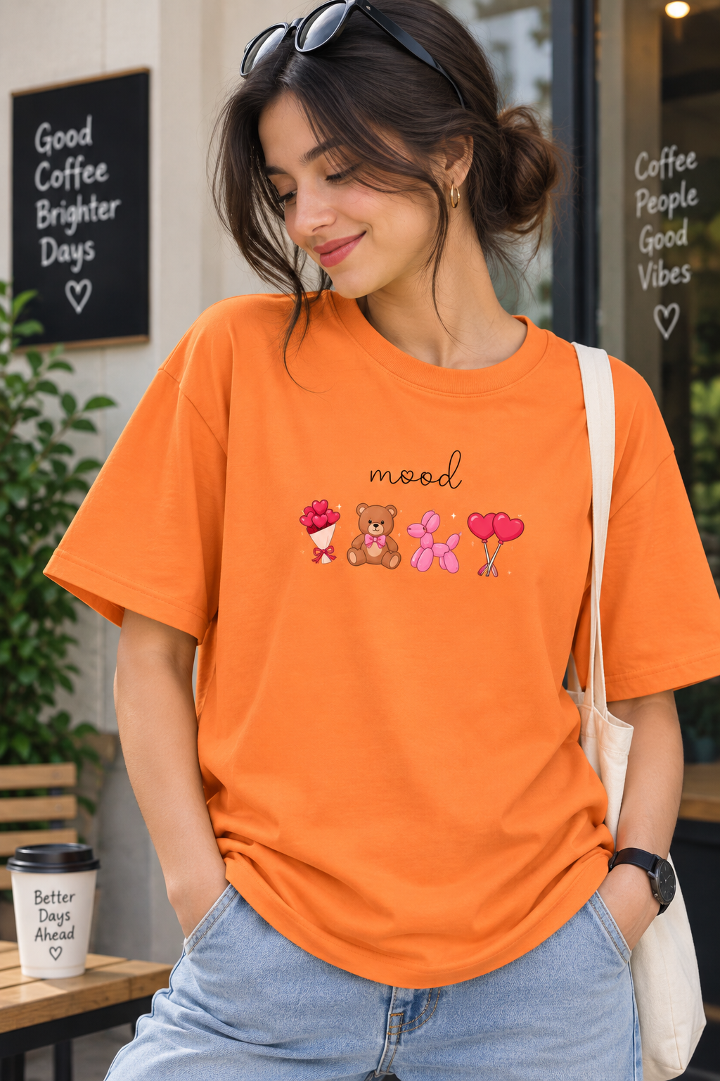 Orange Regular Fit T-Shirt for Women – Cute Teddy Bear Love Graphic Tee