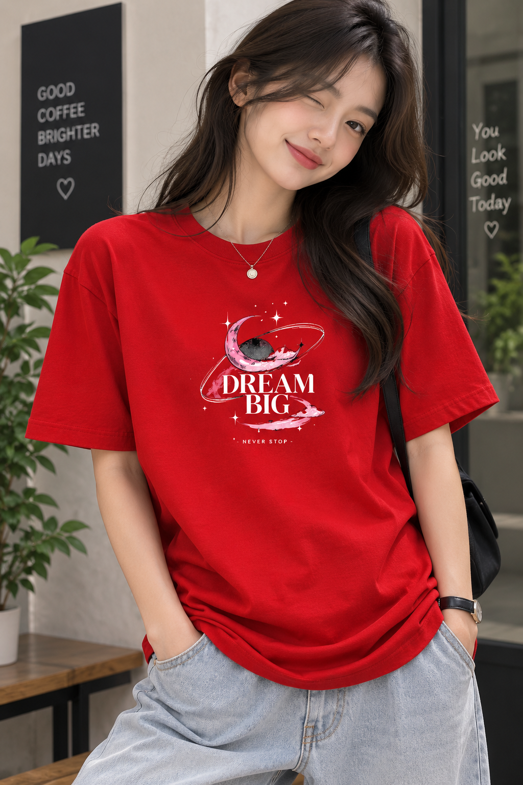 Red Regular Fit T-Shirt for Women – Dream Big Moon Graphic Printed Tee