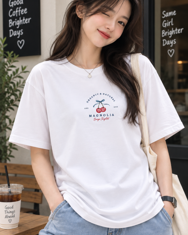 White Regular Fit T-Shirt for Women – Magnolia Cherry Graphic Printed Tee
