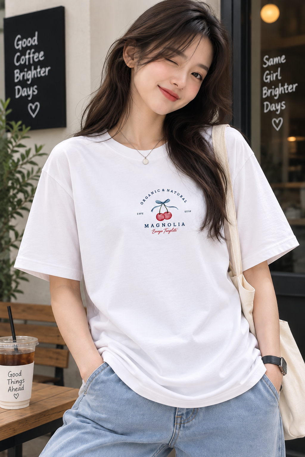 White Regular Fit T-Shirt for Women – Magnolia Cherry Graphic Printed Tee