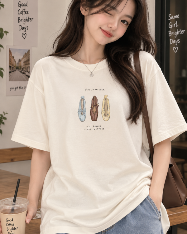 Cream Oversized T-Shirt for Women – Ballet Flats Aesthetic Graphic Tee