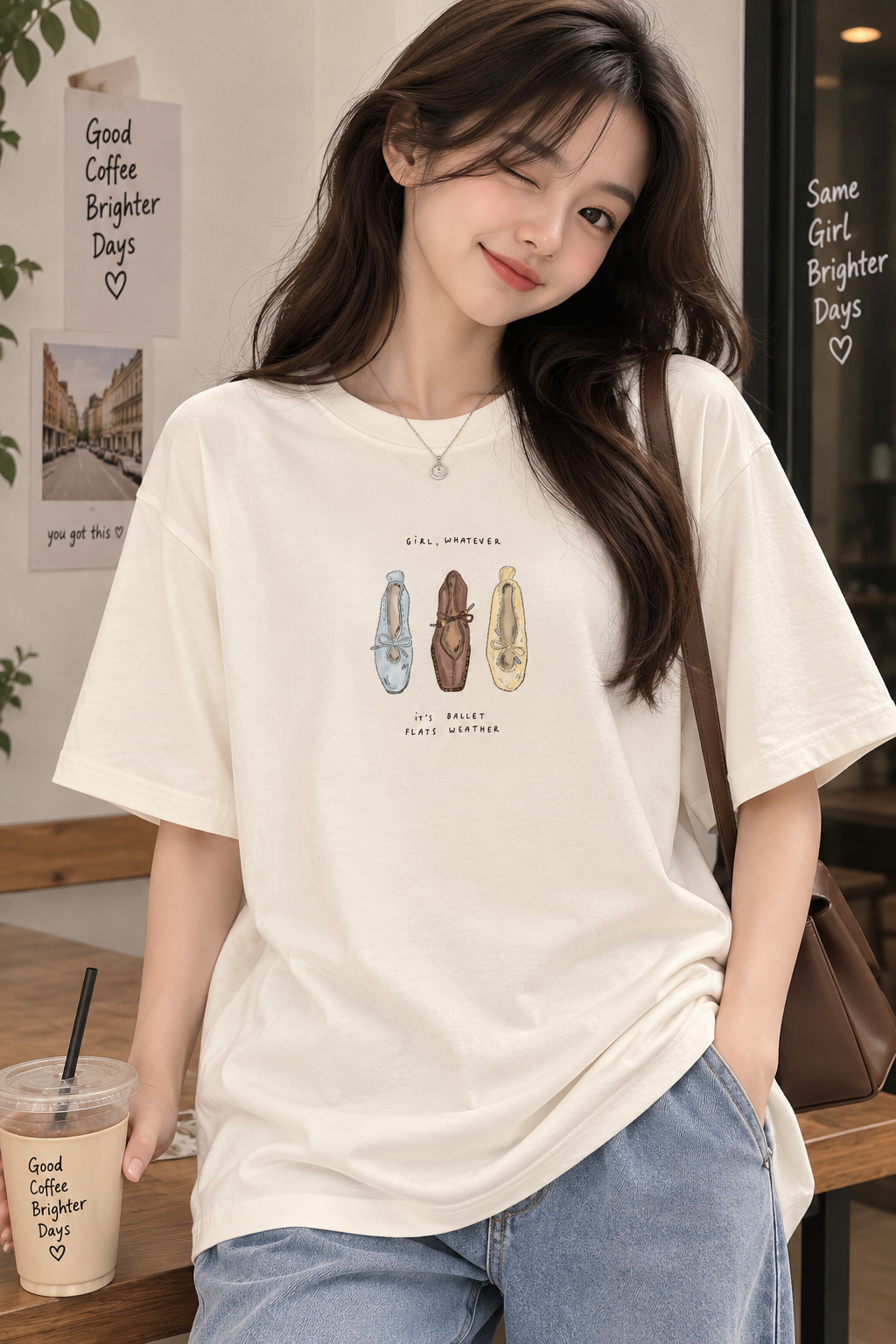 Cream Oversized T-Shirt for Women – Ballet Flats Aesthetic Graphic Tee