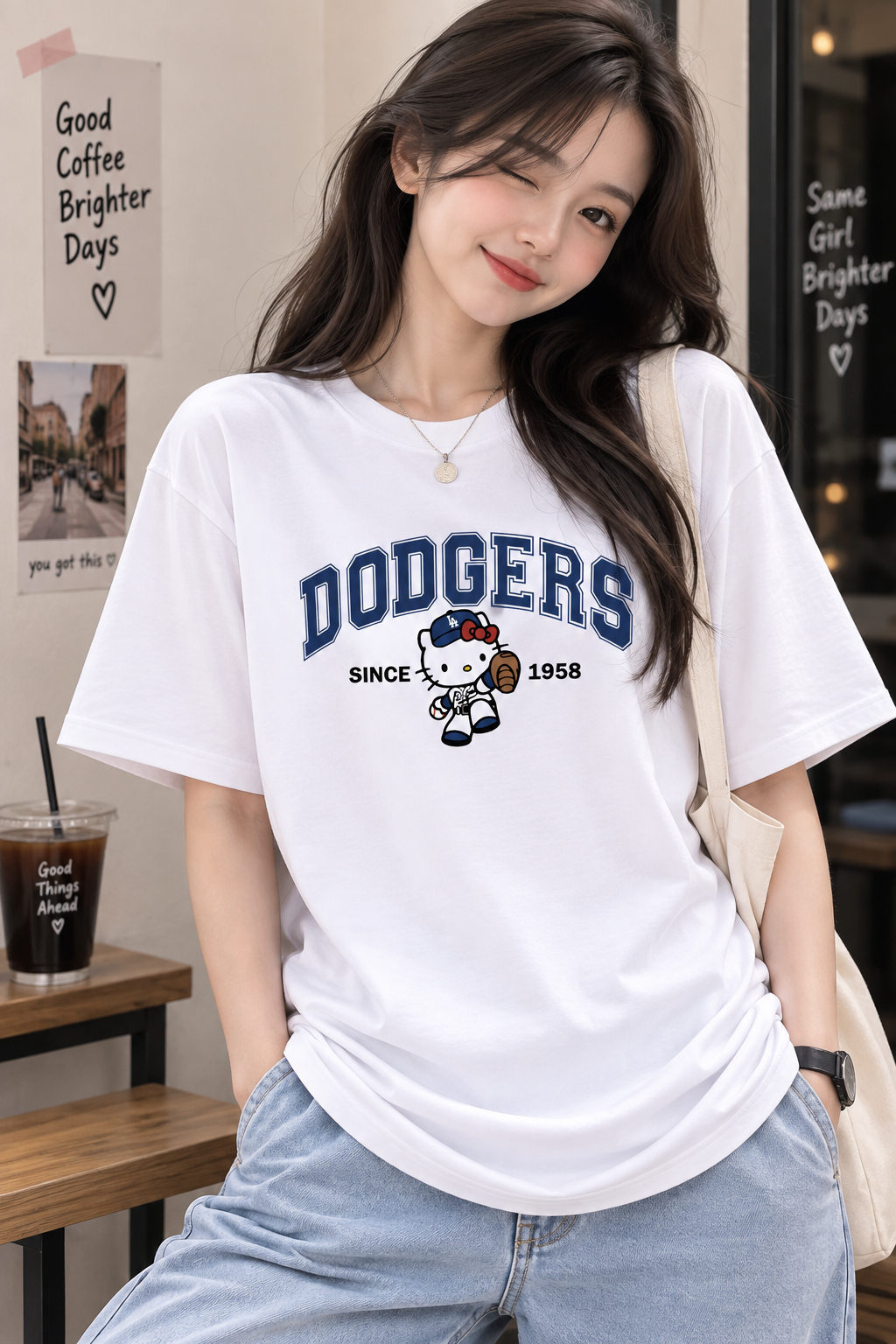 White Oversized T-Shirt for Women – Dodgers Graphic Printed Tee
