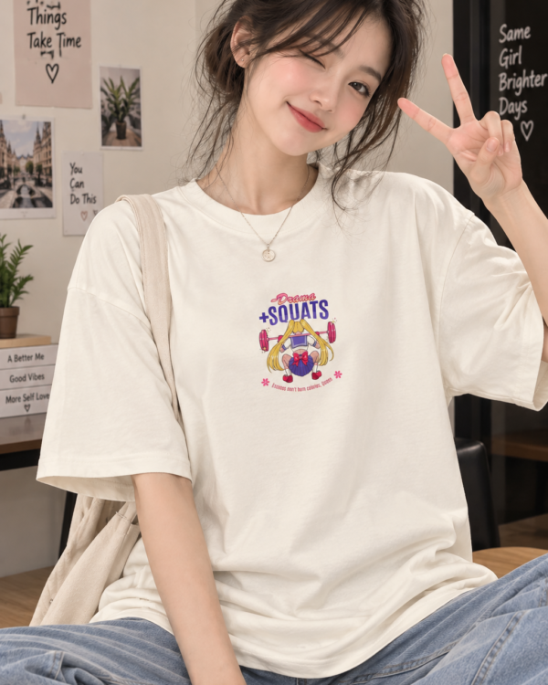 Cream Oversized T-Shirt for Women – Cute Squats Graphic Printed Tee