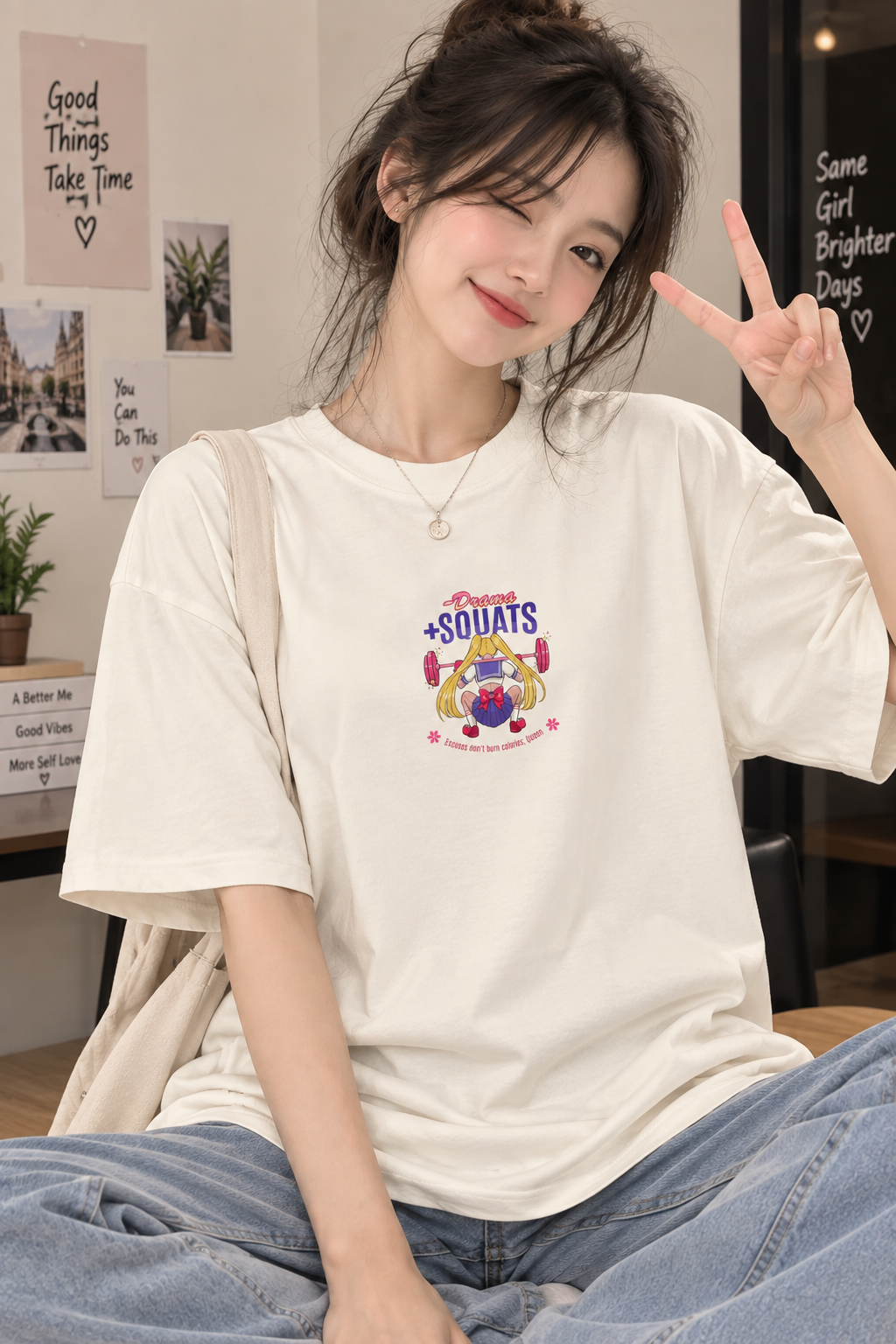 Cream Oversized T-Shirt for Women – Cute Squats Graphic Printed Tee