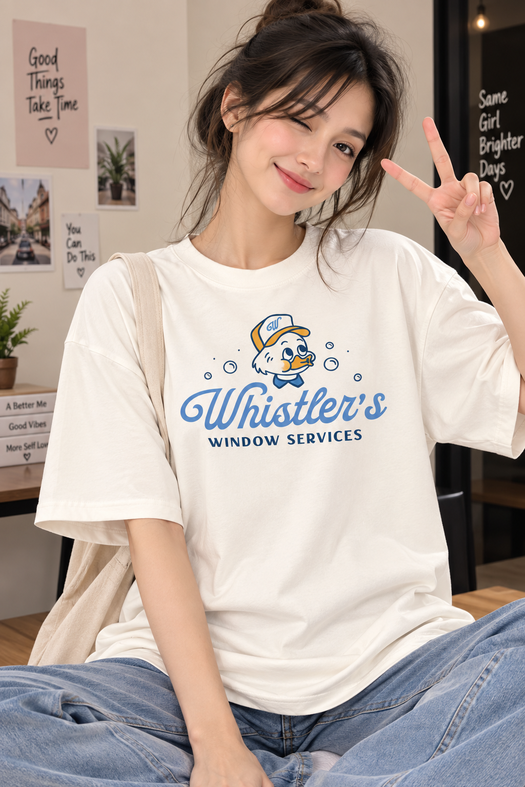 Cream Oversized T-Shirt for Women – Whistler’s Cute Duck Graphic Printed Tee