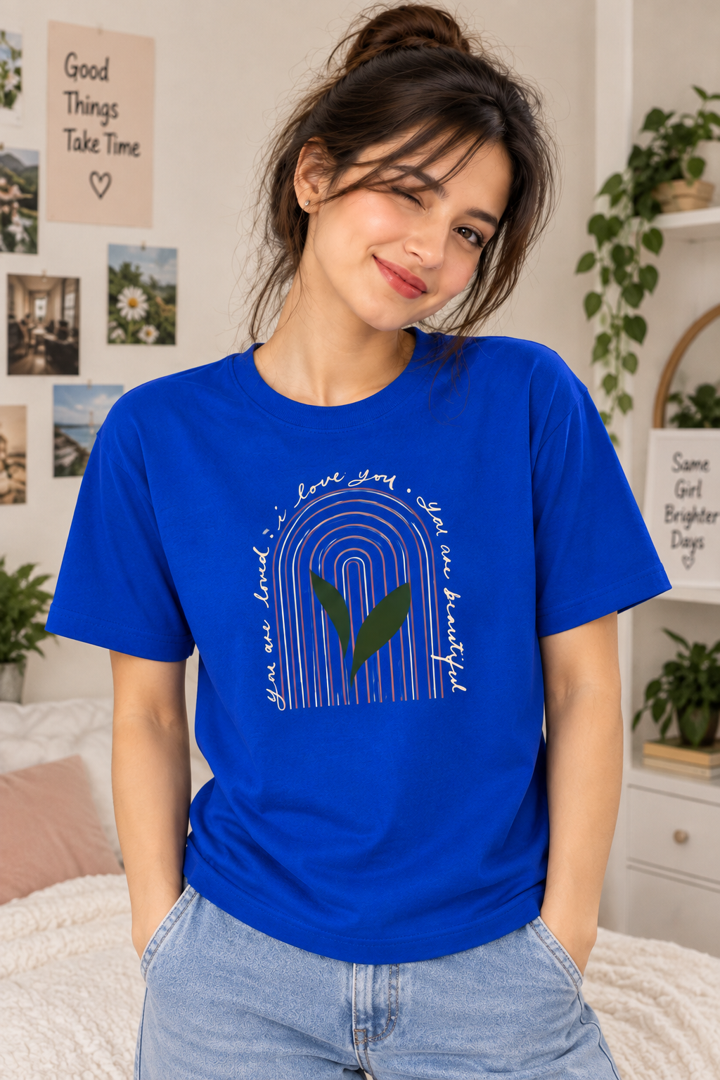 Royal Blue Regular Fit T-Shirt for Women – Love You Rainbow Graphic Tee