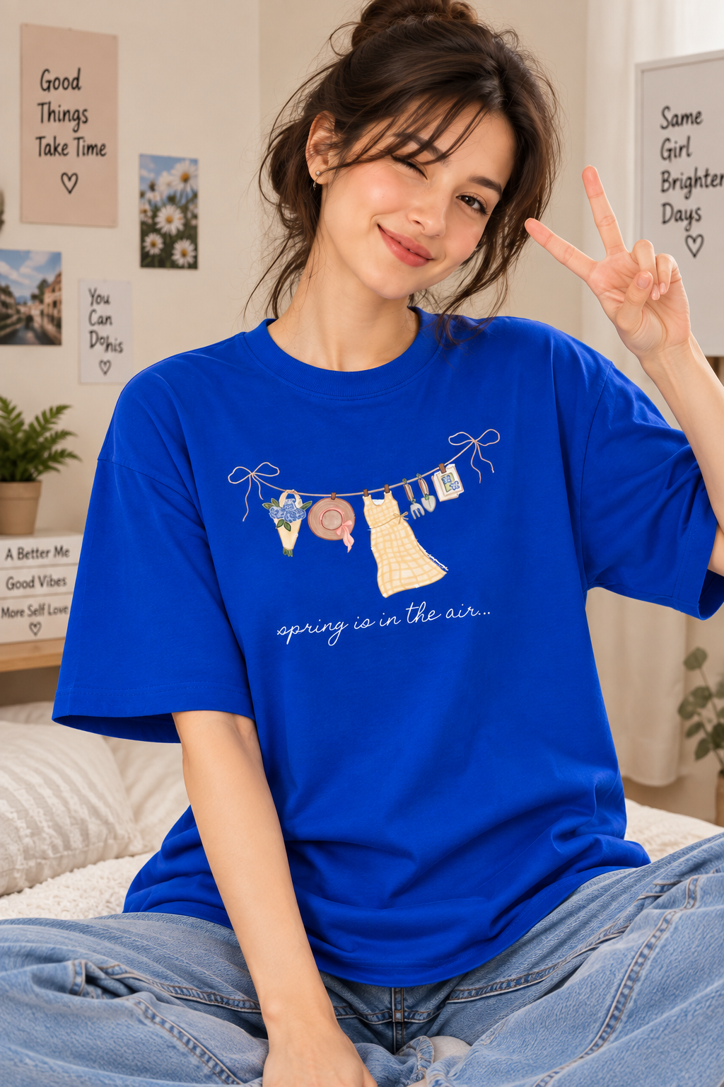 Royal Blue Regular Fit T-Shirt for Women – Spring Aesthetic Graphic Tee