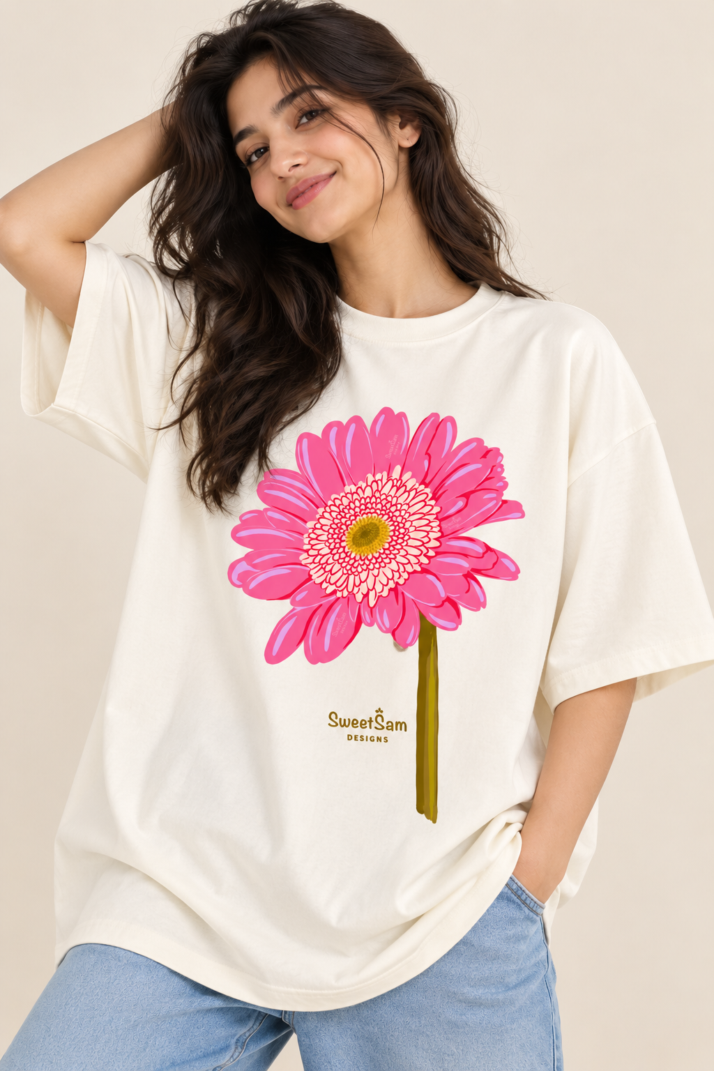 Pink Flower Oversized T-Shirt for Women – Floral Graphic Printed Tee