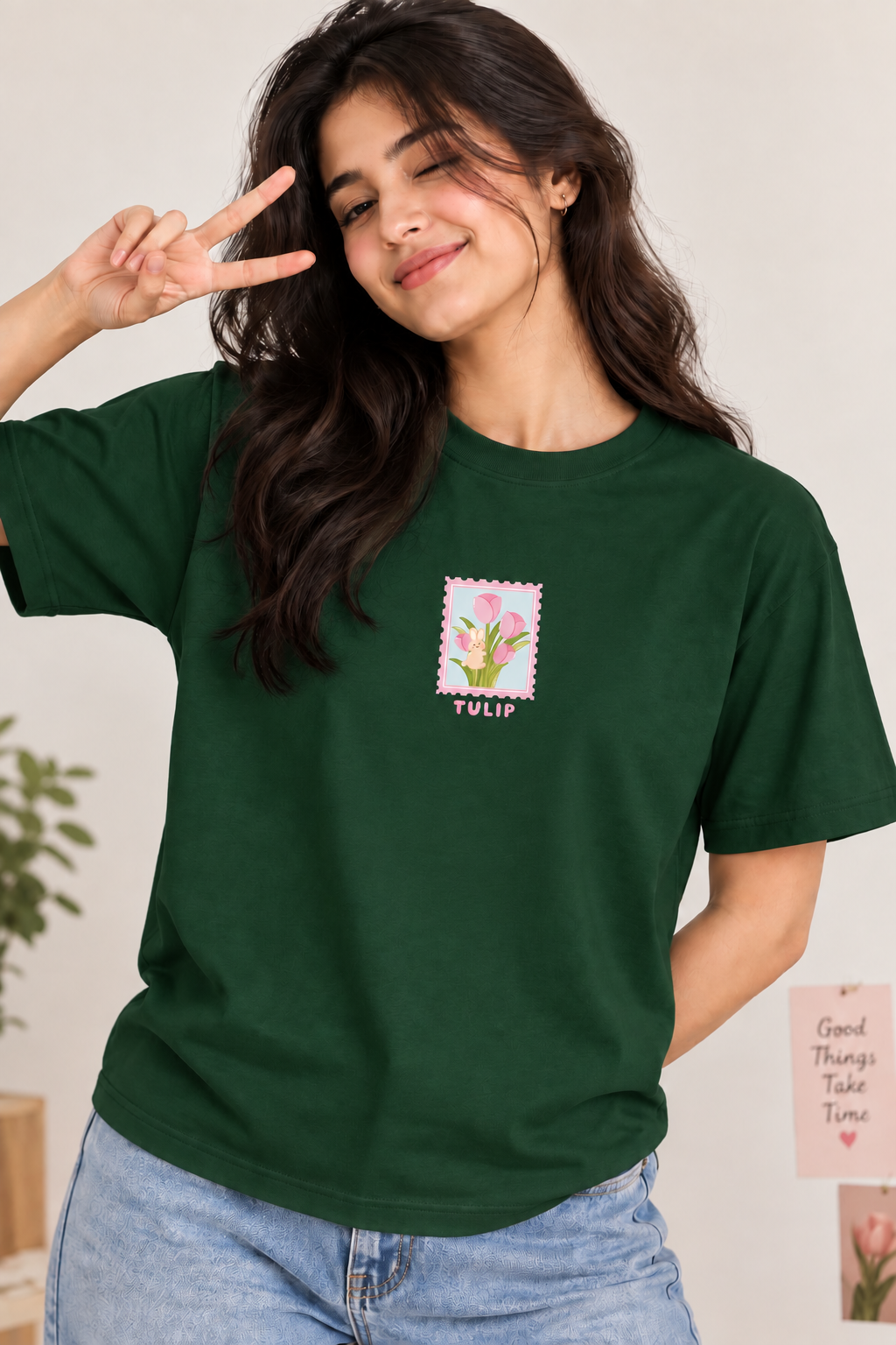 Flower Regular Fit T-Shirt for Women – Green Floral Graphic Tee
