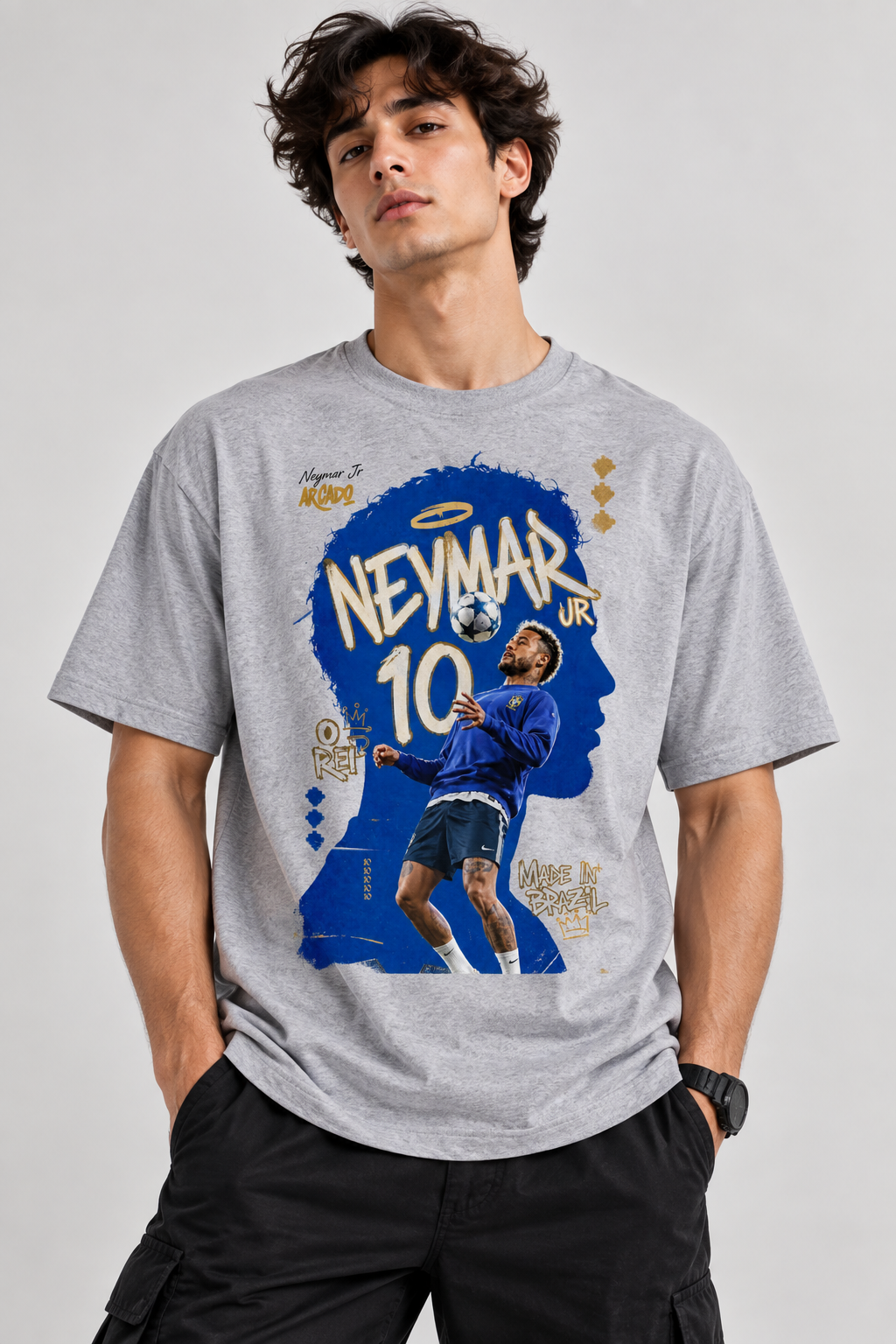Neymar Football Graphic Regular Fit T-Shirt for Men – Grey Sports Tee