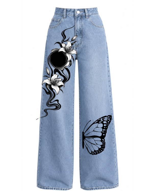 Women’s Butterfly and Floral Printed Wide Leg Jeans – Blue Denim Pants