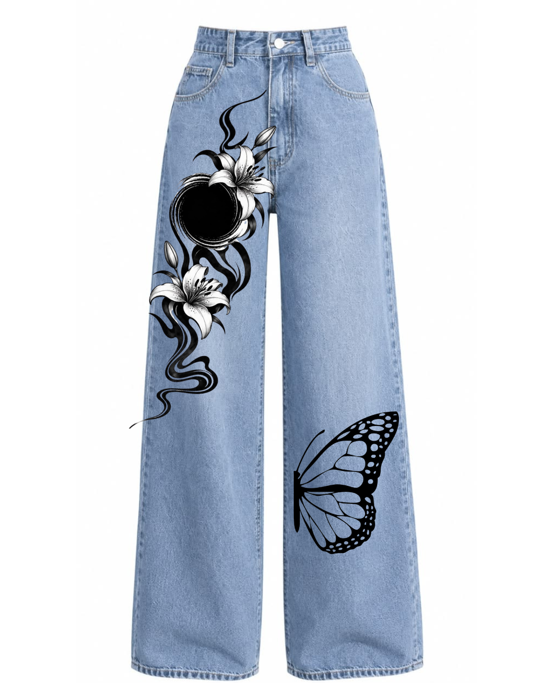 Women’s Butterfly and Floral Printed Wide Leg Jeans – Blue Denim Pants
