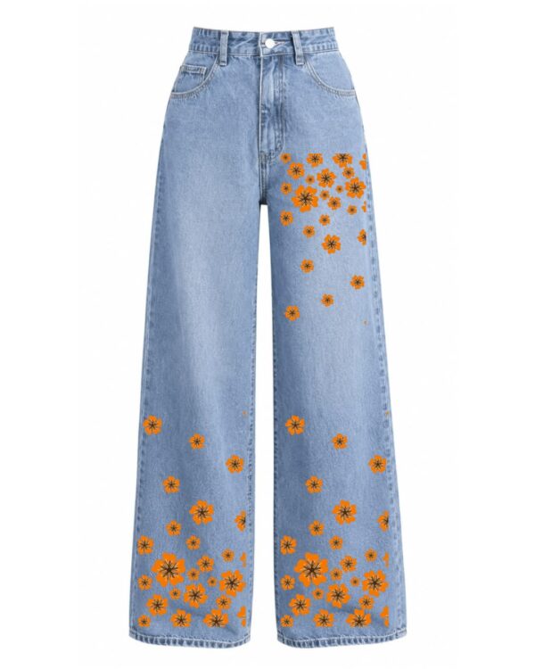 Women’s Orange Floral Printed  Jeans – Trendy Light Blue Denim Pants