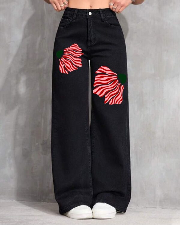 Women’s Black Floral Printed Jeans – Trendy Baggy Denim Pants