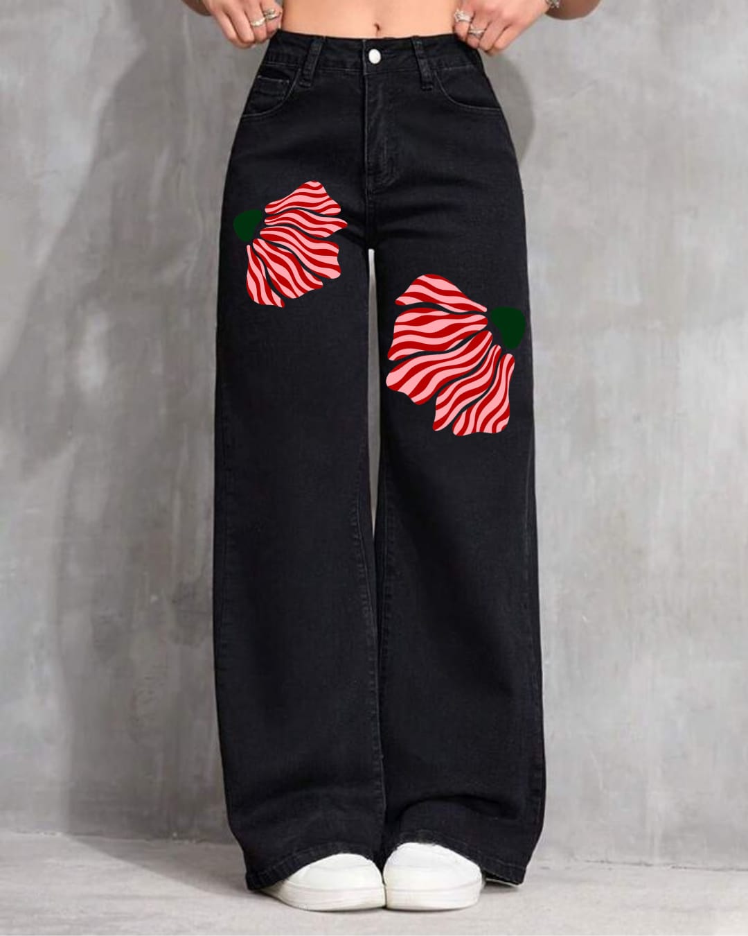Women’s Black Floral Printed Jeans – Trendy Baggy Denim Pants