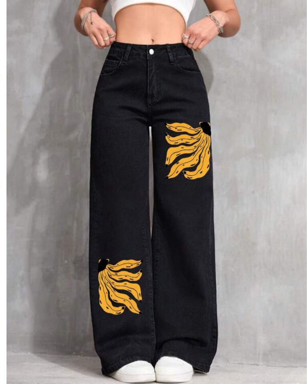 Women’s Yellow Floral Printed Black Jeans – Trendy Baggy Denim Pants