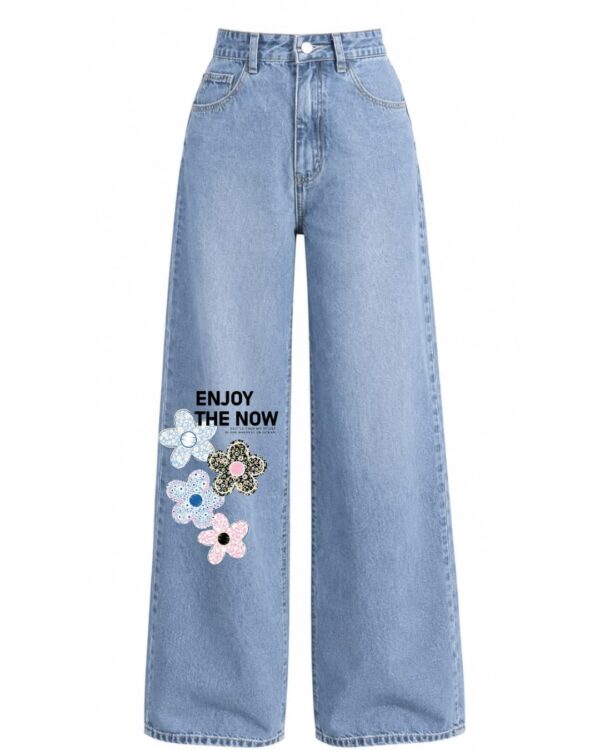 Customize Women’s  Jeans with Floral Print – Light Blue Denim Pants