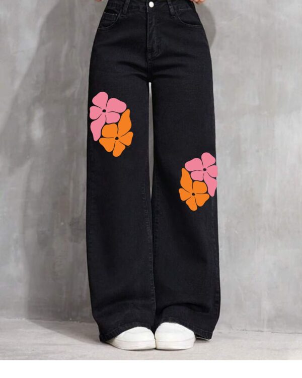 Women’s Pink and Orange Floral Printed Black Jeans – Trendy Baggy Denim