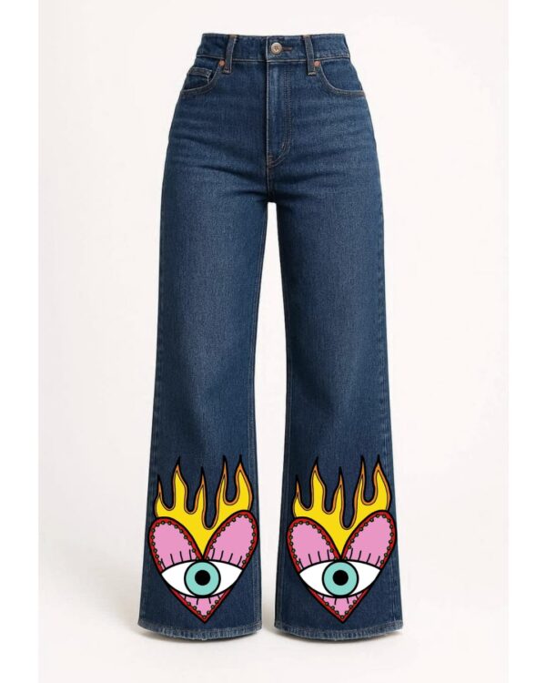 Women’s Evil Eye Flame Printed Wide Leg Jeans – Blue Denim Korean Style Pants