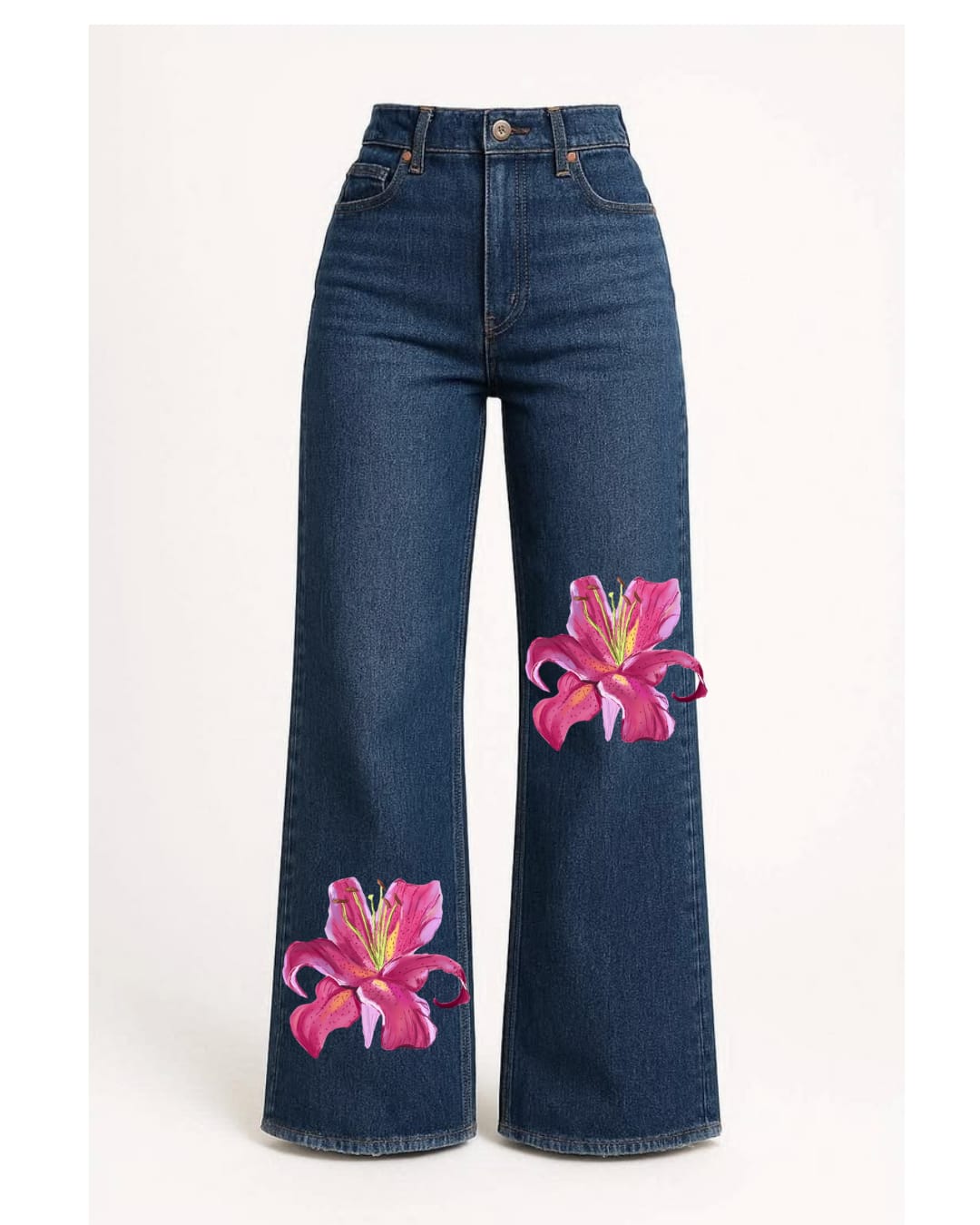 Women’s Pink Lily Floral Printed Wide Leg Jeans – Dark Blue Denim Pants