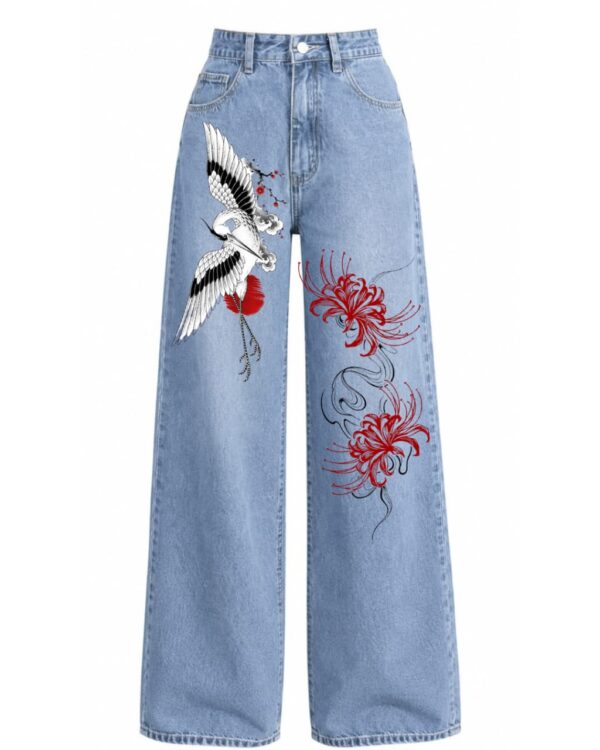 Women’s Crane and Floral Printed Wide Leg Jeans – Light Blue Denim