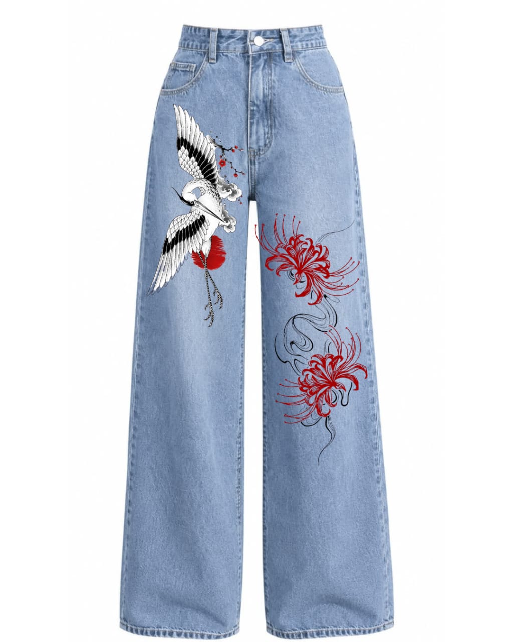 Women’s Crane and Floral Printed Wide Leg Jeans – Light Blue Denim
