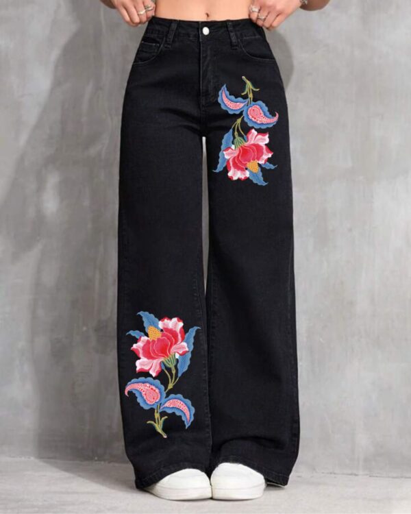 Women’s Floral Printed Wide Leg Jeans – Black Denim Pants