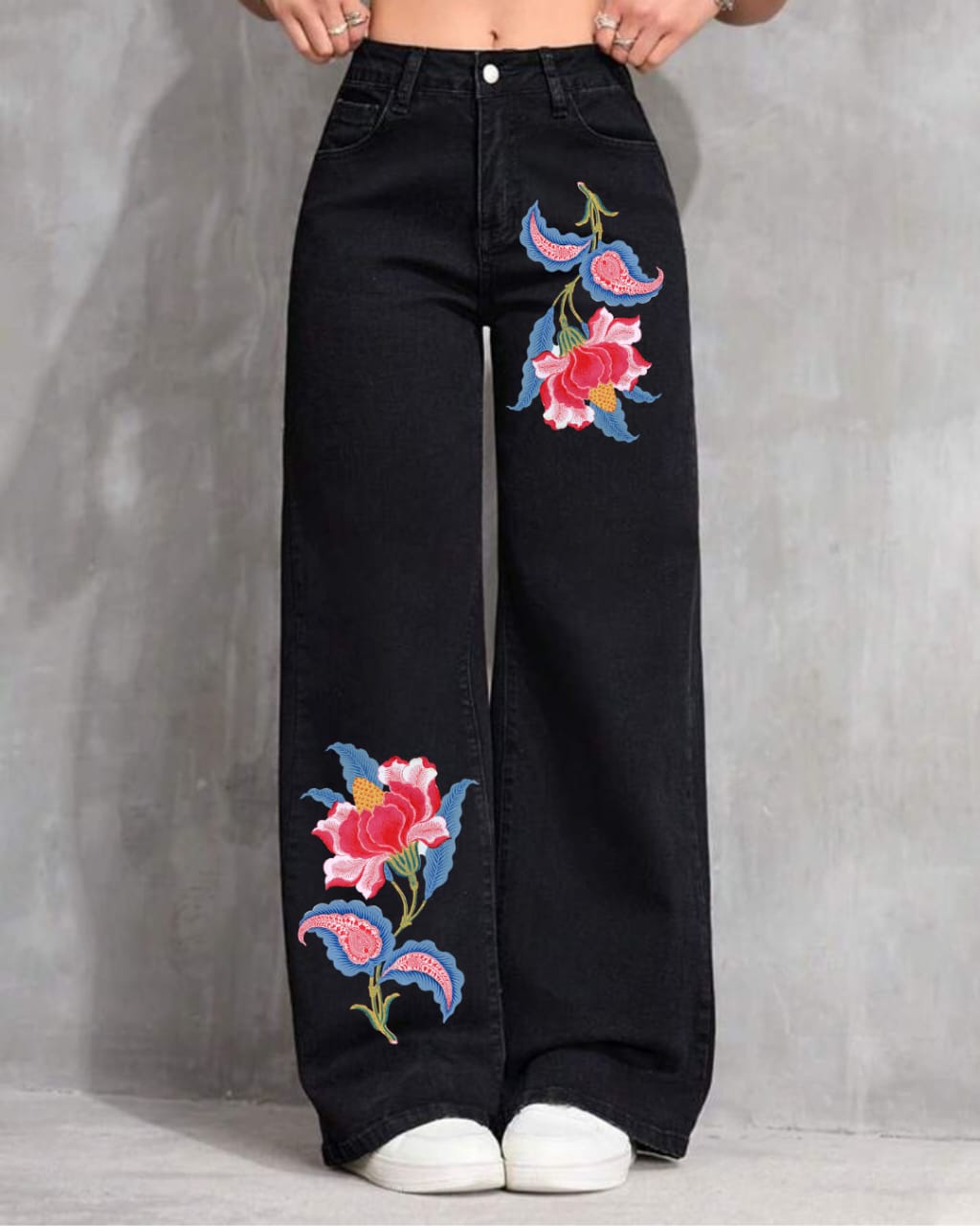Women’s Floral Printed Wide Leg Jeans – Black Denim Pants