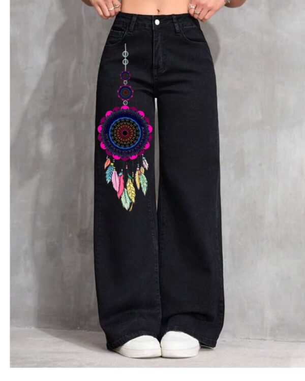 Women’s Dreamcatcher Printed Wide Leg Jeans – Black Denim Pants