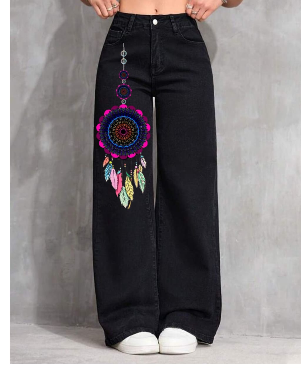 Women’s Dreamcatcher Printed Wide Leg Jeans – Black Denim Pants
