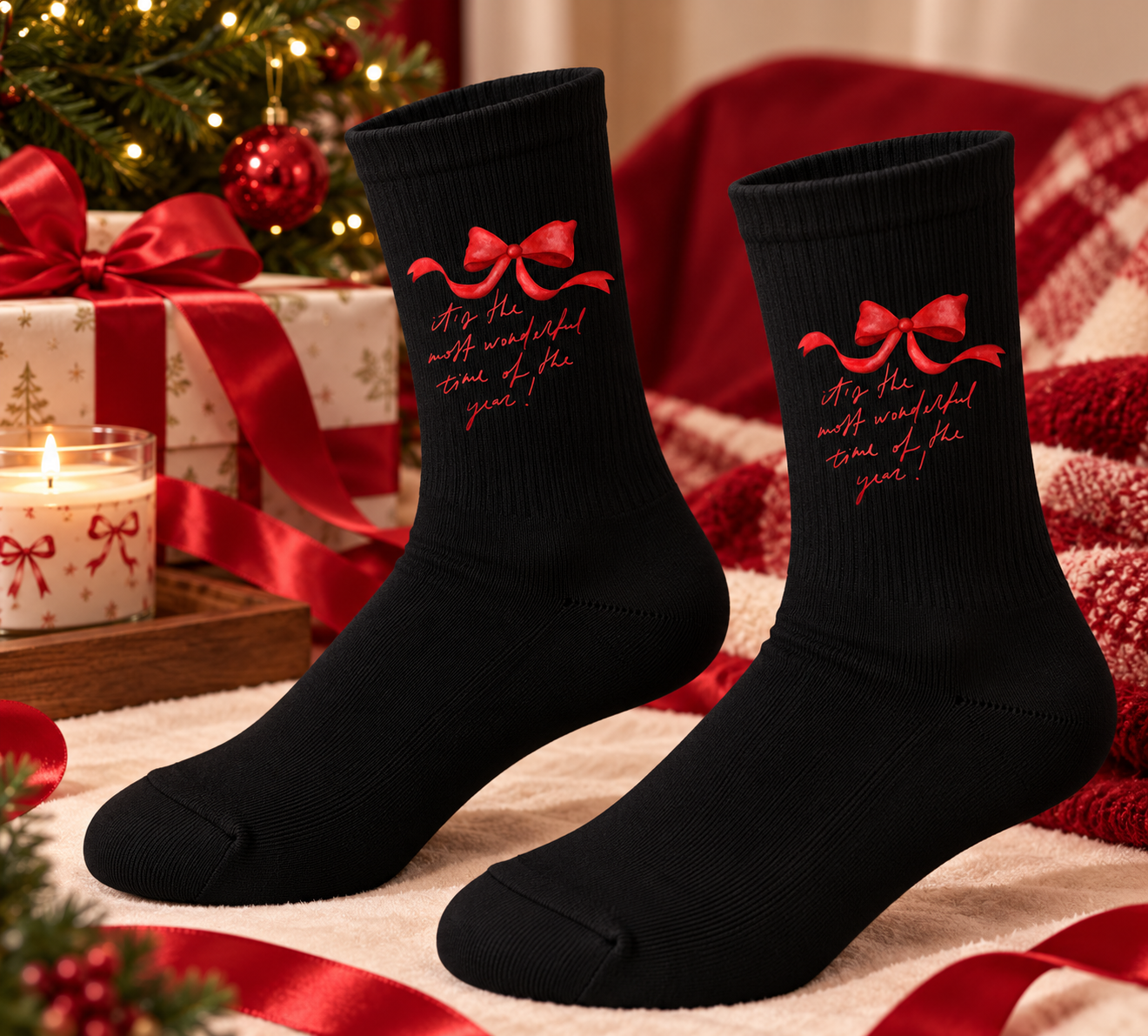 Black Christmas Bow Printed Socks