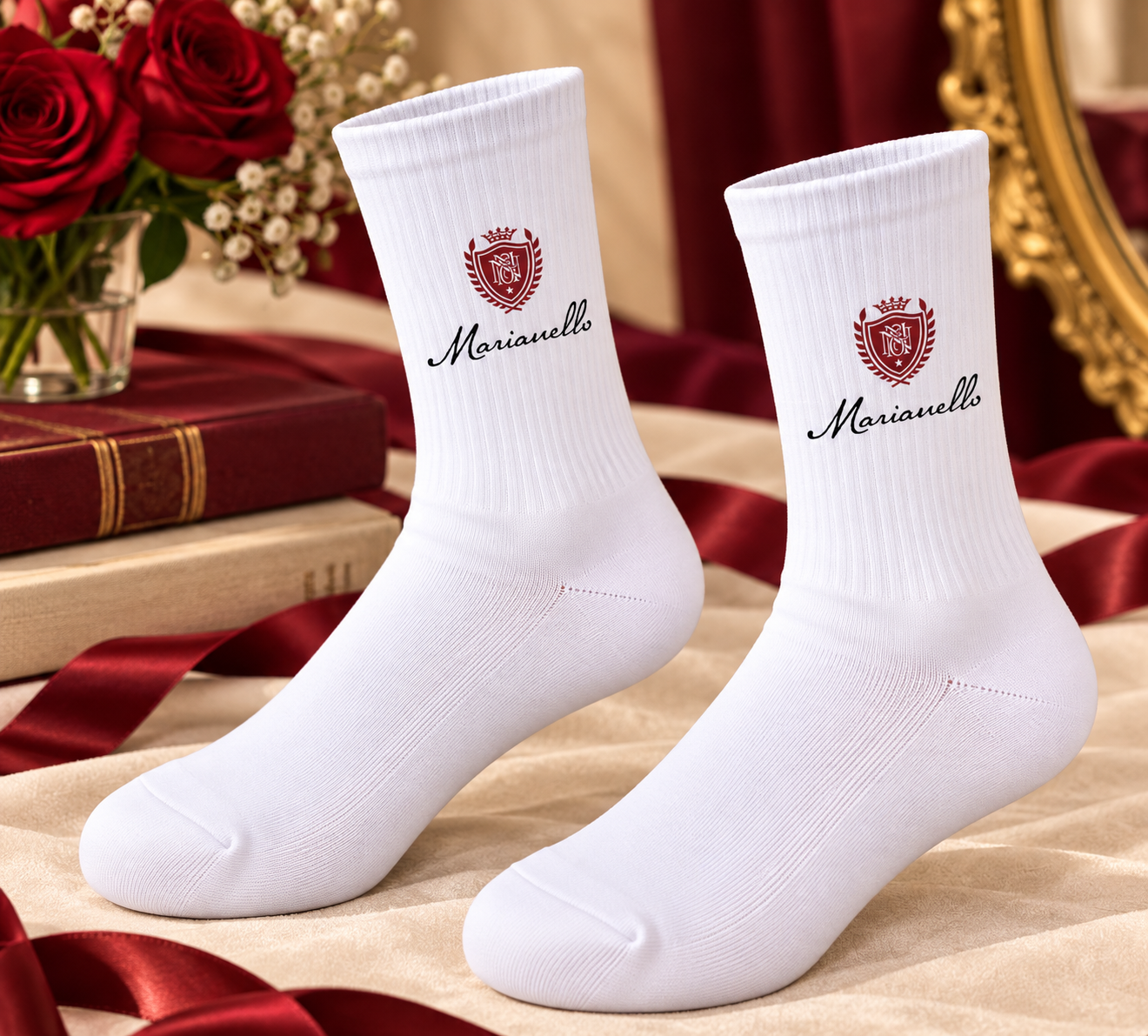 White Personalized Crest Printed Socks